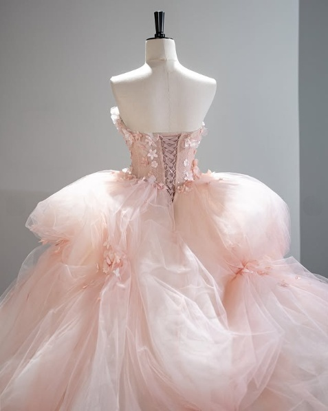 Vestido de novia rosa sin tirantes, corte A, con flores 3D de tul, corte A, vestido de noche TP2789