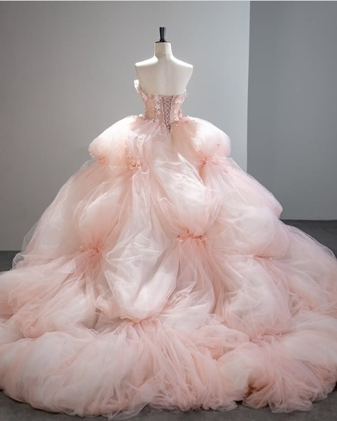 Vestido de novia rosa sin tirantes, corte A, con flores 3D de tul, corte A, vestido de noche TP2789