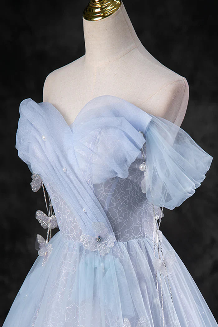 Vestido de fiesta formal de tul azul perla hasta el suelo, corte A, hombros descubiertos, TP95