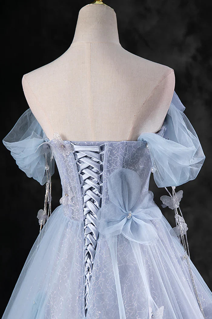 Vestido de fiesta formal de tul azul perla hasta el suelo, corte A, hombros descubiertos, TP95