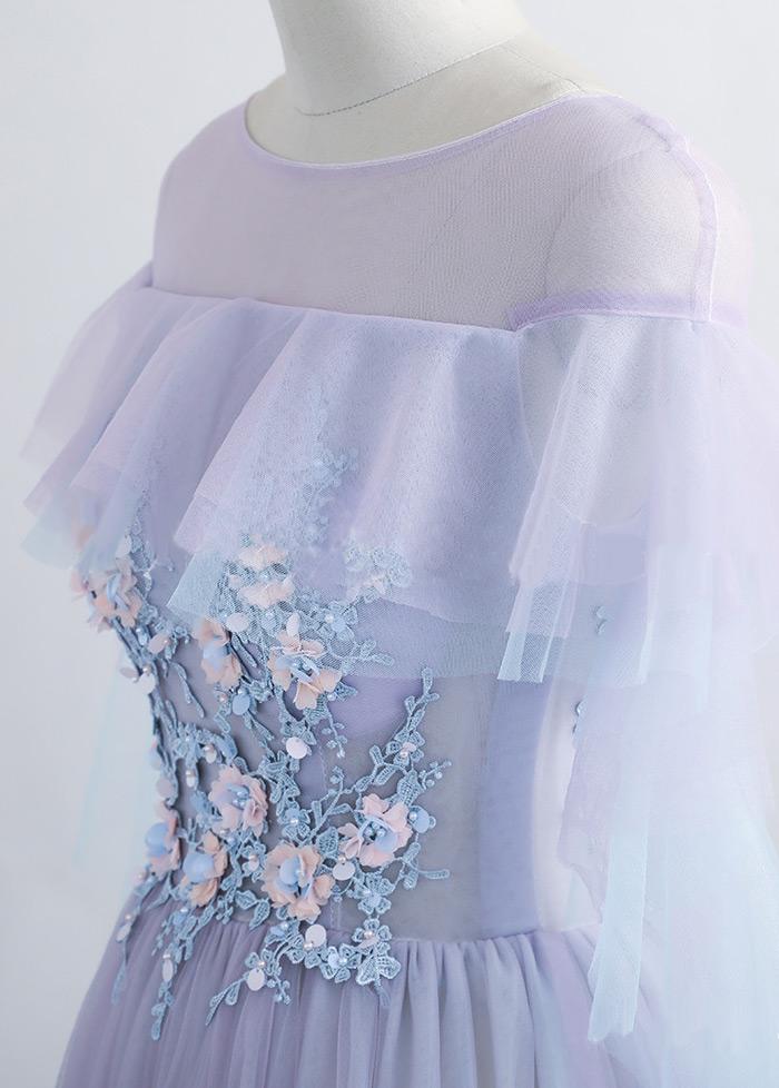 Vestido de fiesta princesa de tul con joya y largo hasta el suelo con apliques de encaje