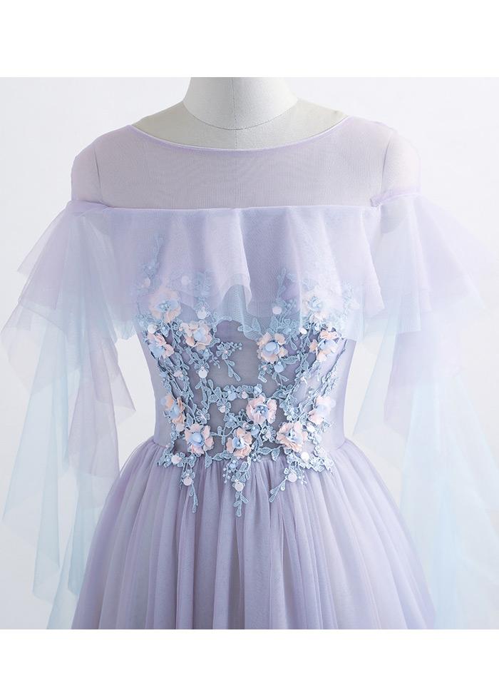 Vestido de fiesta princesa de tul con joya y largo hasta el suelo con apliques de encaje