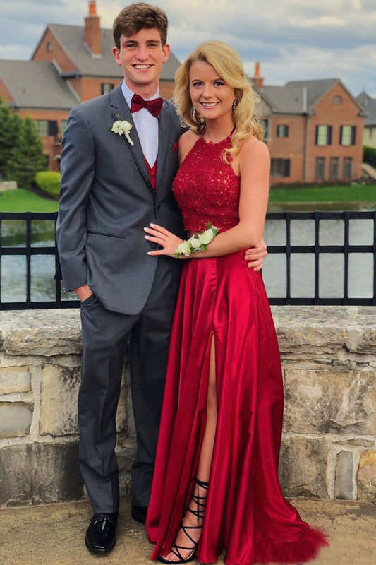 Halter A-Line Two Piece Prom Dresses With Tie Back, Red Evening Gown With Slit GP358