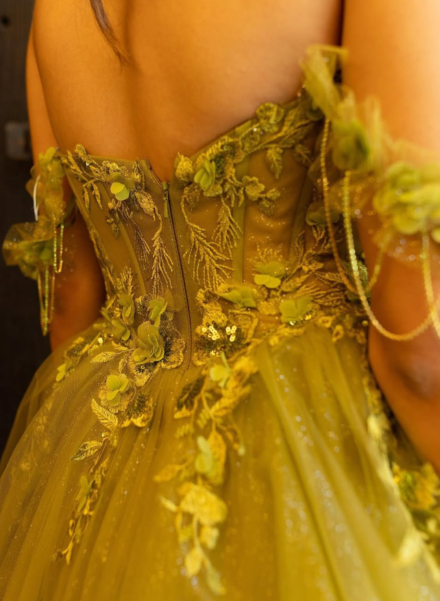 Fairy A Line Off the Shoulder Corset Appliques Green Tulle Prom Dress Evening Dress SH2180
