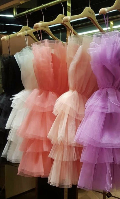 Hot Pink Tiered Tulle A-line Homecoming Dresses, Chic Strapless Short Party Dress GM535