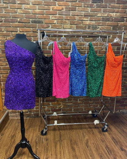 One Shoulder Red Sequins Tight Party Dress,Cocktail Party Dresses