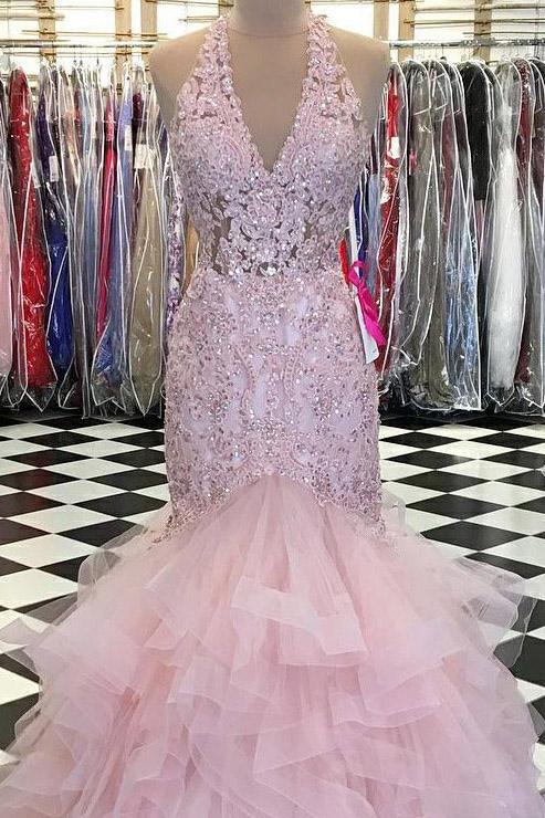 Trumpet V-Neck Lace Bodice Beaded Pink Prom Dress With Ruffles MP717