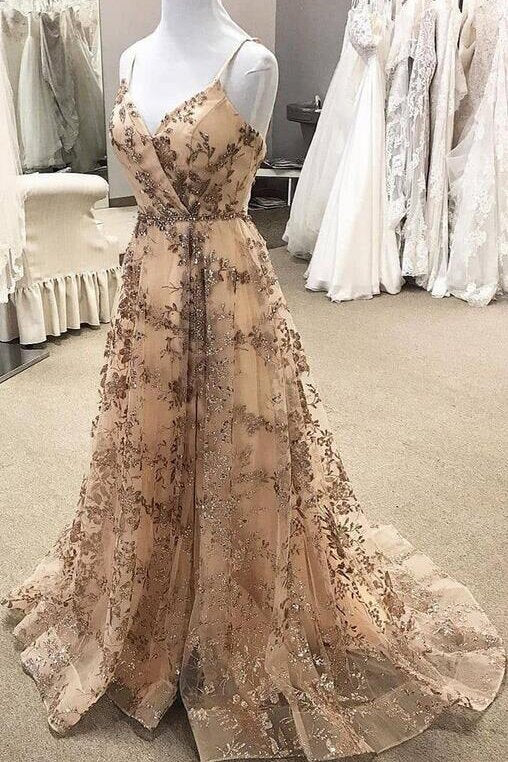 Stylish Tulle Sequins Long Prom Dresses, Backless Slit Long Graudtion Gown GP335
