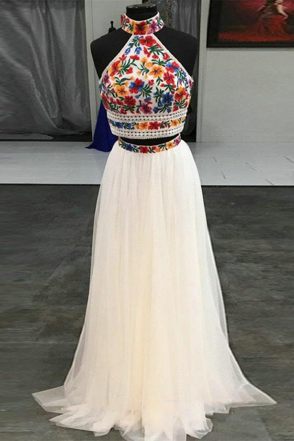 Halter Two Piece Sweet 16 Dress Embroidery Appliques Long Prom Dress MP865