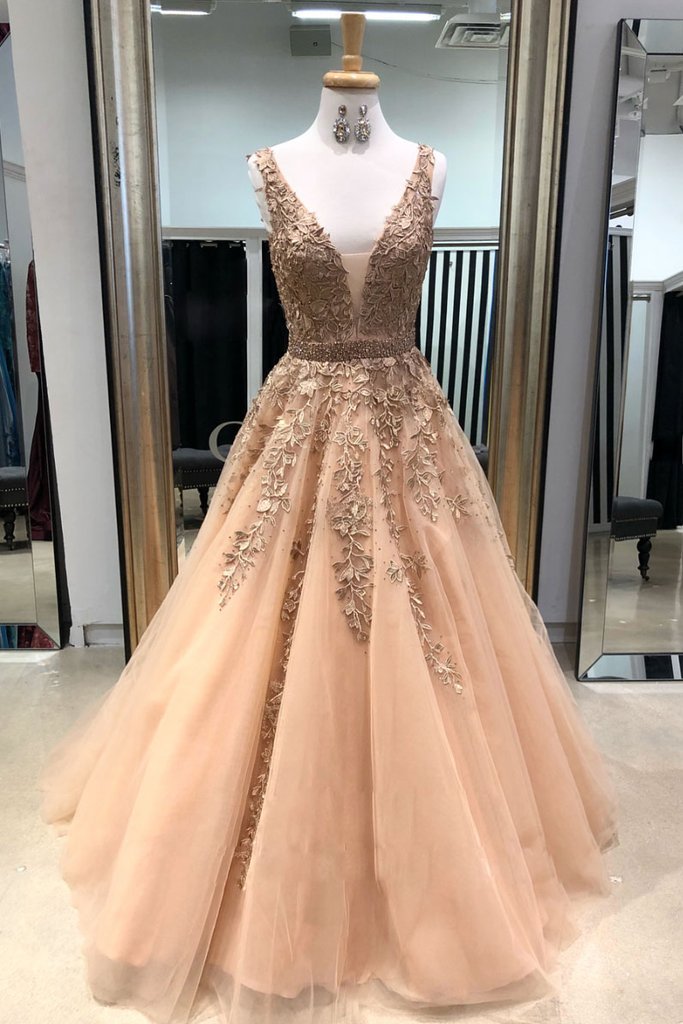 Tulle Lace Applique Long Prom Dress V-neck With Beading GP61