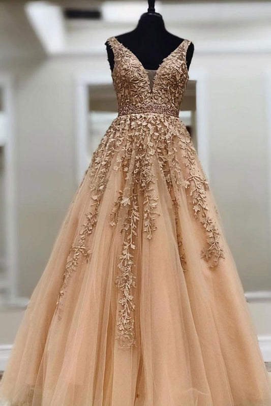 Tulle Lace Applique Long Prom Dress V-neck With Beading GP61