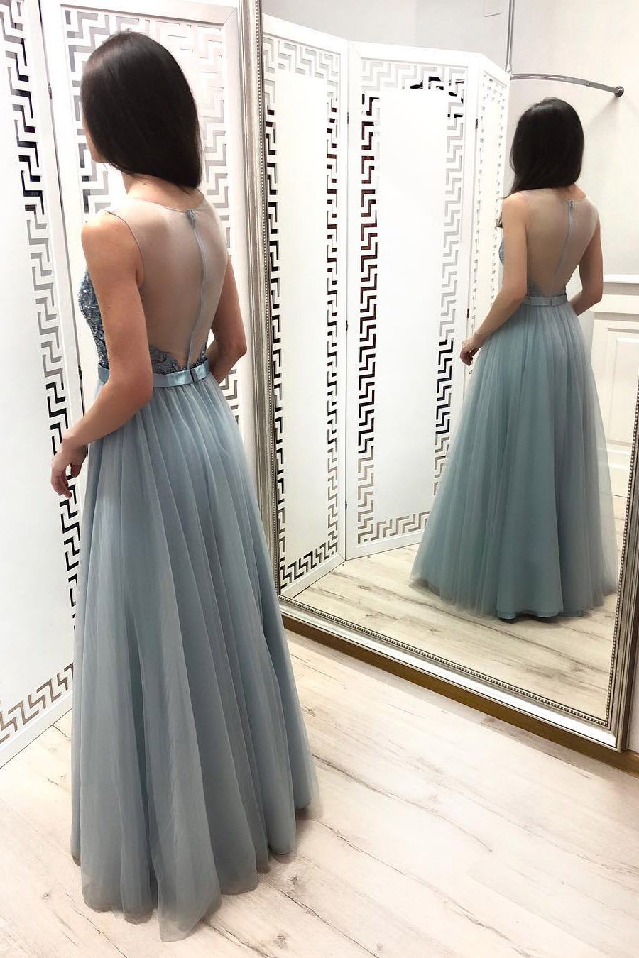 Sheer Neck Tulle Beading Long Prom Dress with Yarn Back MP730