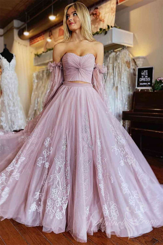Two Piece Blush Pink Pleated Long Sleeves Lace Tulle Long Prom Dress GP498