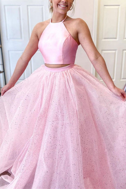 Two Pieces Pink Long Prom Dresses Sparkly Halter Neck Formal Gown GP105