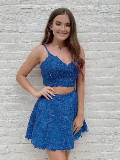 Vestidos de fiesta cortos de encaje azul de dos piezas, vestidos de graduación cortos de encaje azul de dos piezas