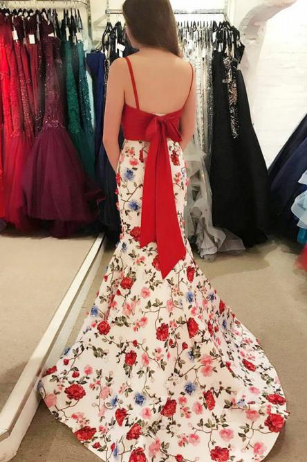Satin Floral Print Mermaid Two Piece Prom Dress with Bowknot GP04