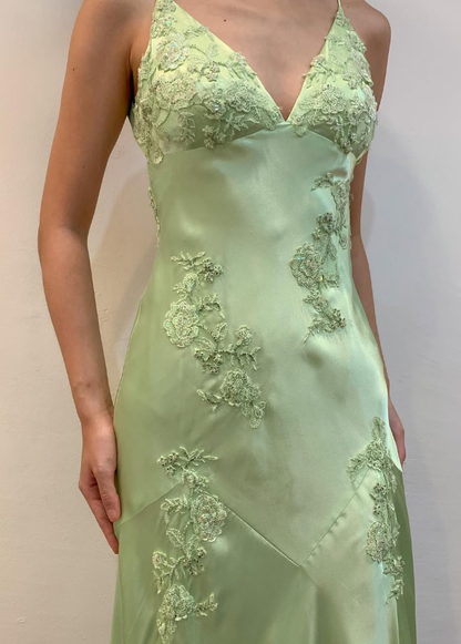 Green Mermaid V Neck Appliques Satin Open Back Long Prom Dress Outfits SH1820