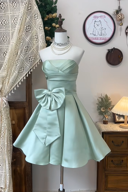 Classy Strapless Satin Bow Homecoming Dress Light  Green Mini Birthday Dress S328