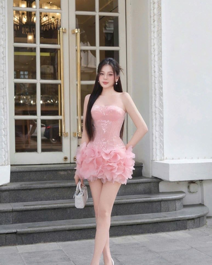 Stunning A Line Strapless Pink Sequin Chiffon Homecoming Dress Cocktail Dress SH3215