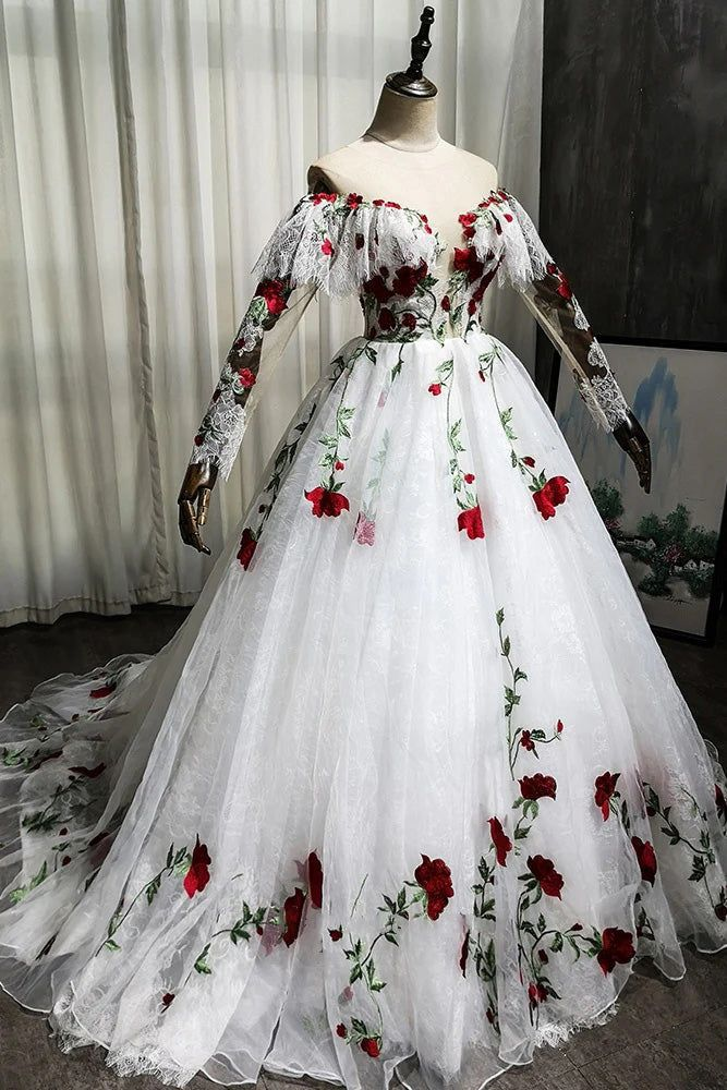Off The Shoulder Lace Tulle Appliques Prom Dress Wedding Dress Quinceanera Dress  SH932