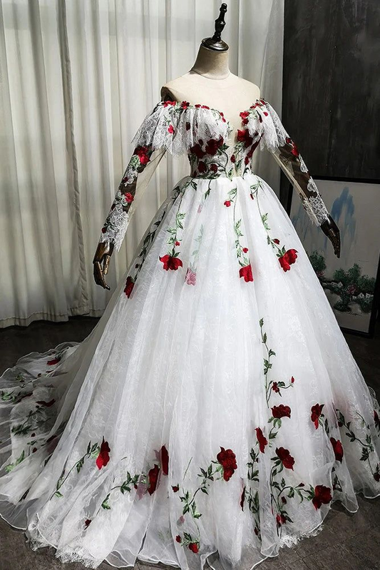 Off The Shoulder Lace Tulle Appliques Prom Dress Wedding Dress Quinceanera Dress  SH932
