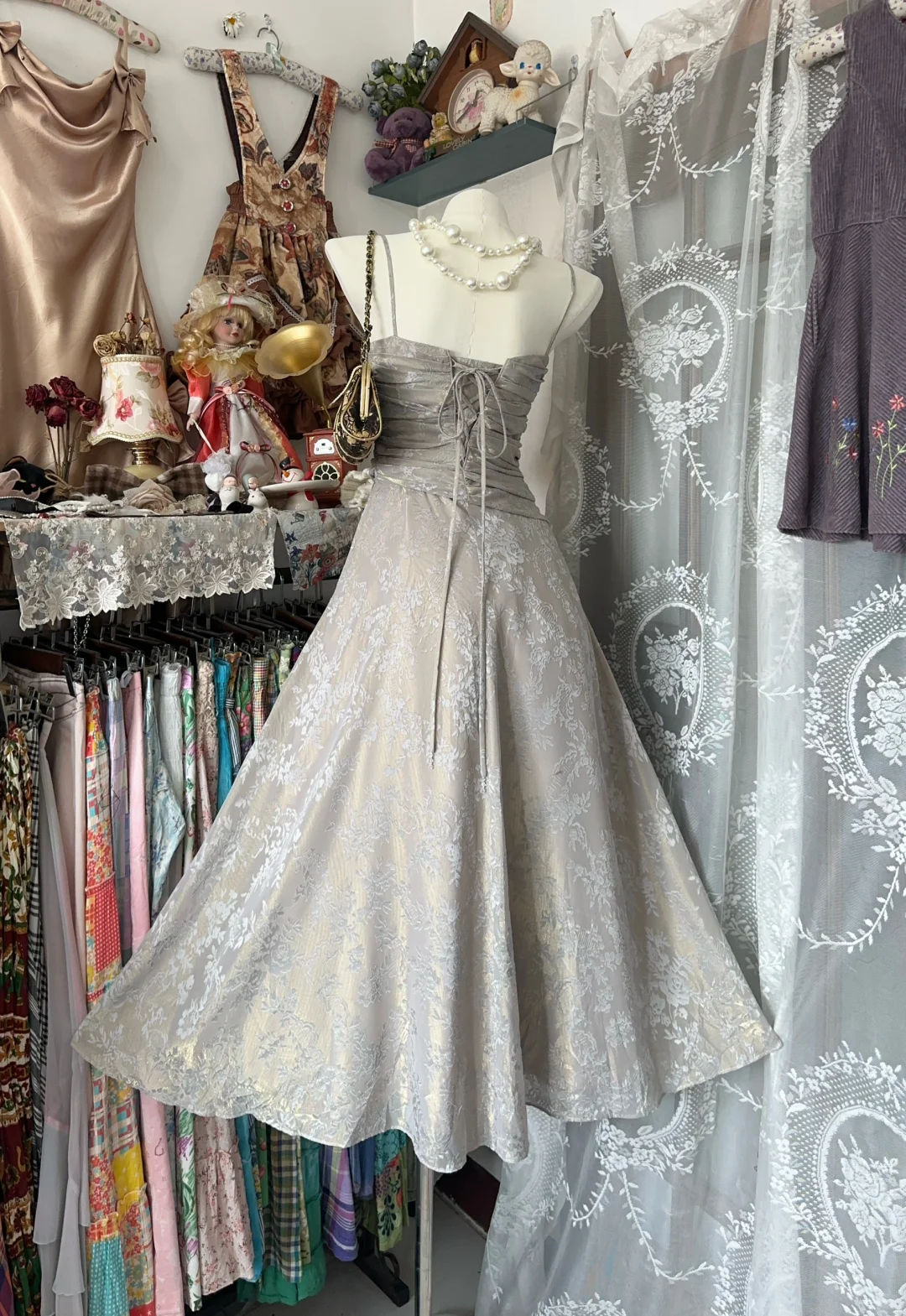 Vintage Spaghetti Straps Satin Print Floral Party Dress Birthday Dress  S507
