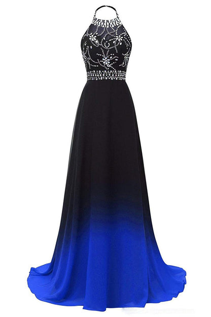Halter Chiffon Backless Ombre Prom Dresses, Long Gradient Evening Dress With Beading MP35