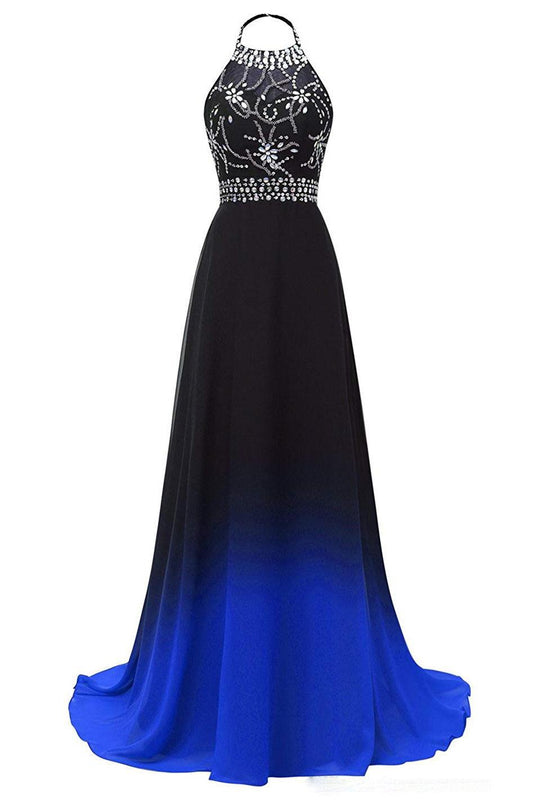 Halter Chiffon Backless Ombre Prom Dresses, Long Gradient Evening Dress With Beading MP35