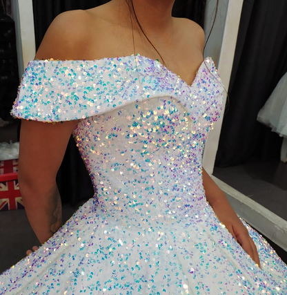 Shiny Royal Blue Ball Gown Off the Shoulder Sequin Sweet 16 Dress Party Gowns Quinceanera Dresses SH3559