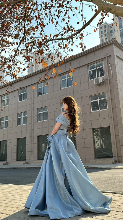 Blue A Line Off the Shoulder Flower Satin Long Party Dress Birthday Dress SH2908