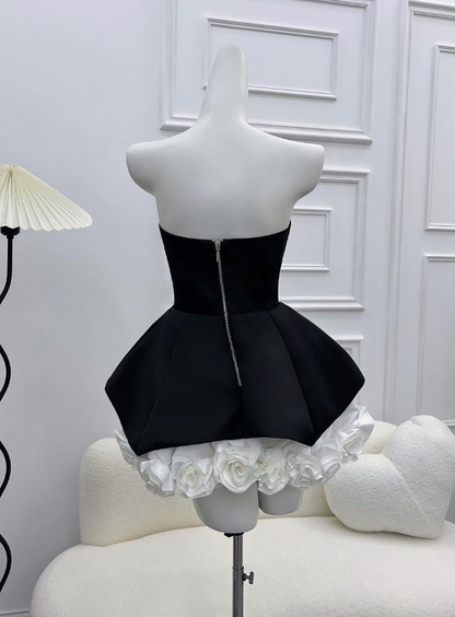 A Line Strapless Flower White Satin Black Velvet Short Homecoming Dress Cocktail Dress SH3119