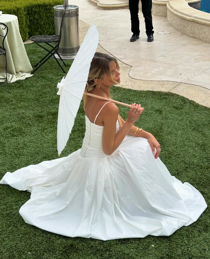 2025 New A Line Spaghetti Strap White Satin Long Prom Dress Evening Dress SH2225