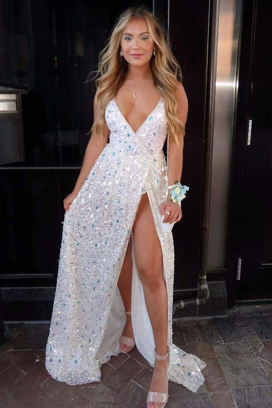 Unique A-line Deep V-Neck White Sequins Sparkly Slit Prom Dress GP252