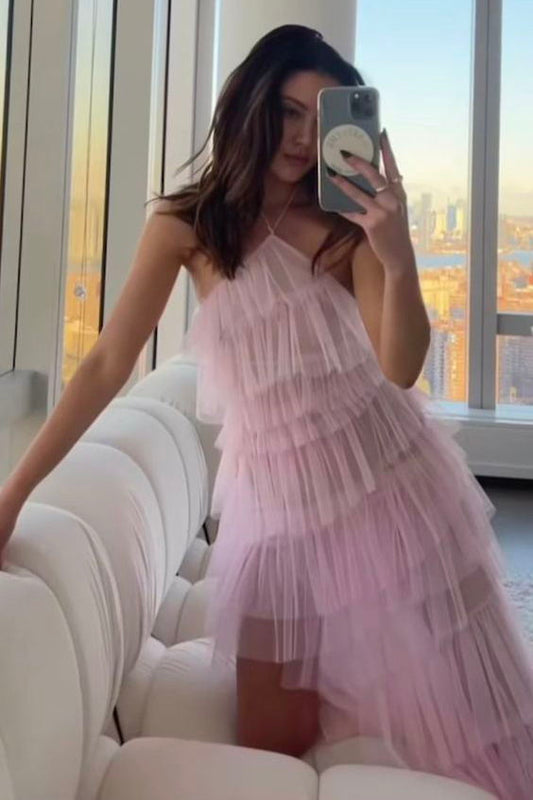 Unique Halter Layered Tulle Prom Dresses, Pink Long Bridesmaid Dresses GP219