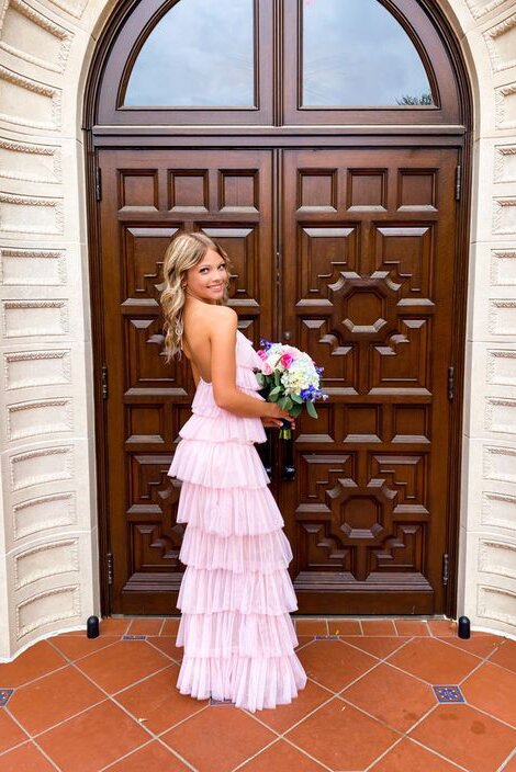Unique Halter Layered Tulle Prom Dresses, Pink Long Bridesmaid Dresses GP219