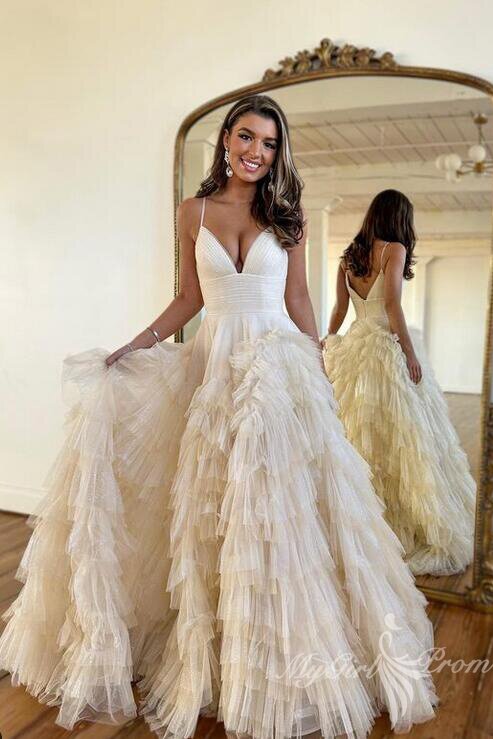 Unique Tulle Ruffles Pink Long Prom Dresses Princess V-neck Formal Dress GP448