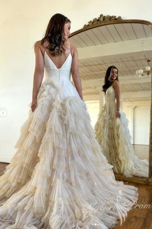 Unique Tulle Ruffles Pink Long Prom Dresses Princess V-neck Formal Dress GP448