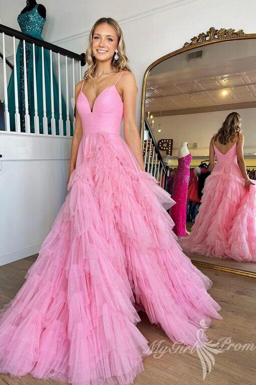 Unique Tulle Ruffles Pink Long Prom Dresses Princess V-neck Formal Dress GP448
