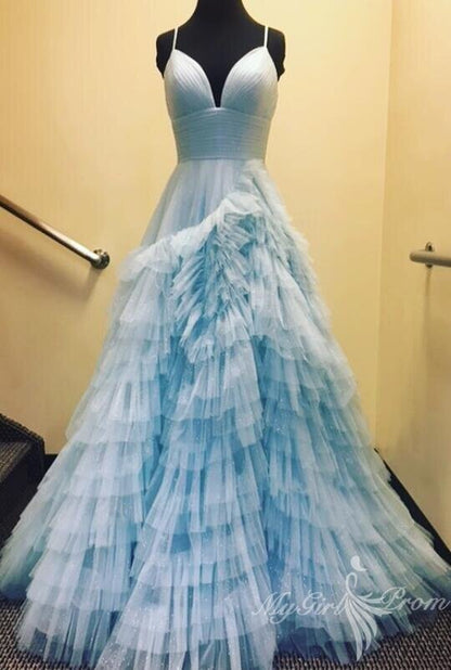Unique Tulle Ruffles Pink Long Prom Dresses Princess V-neck Formal Dress GP448