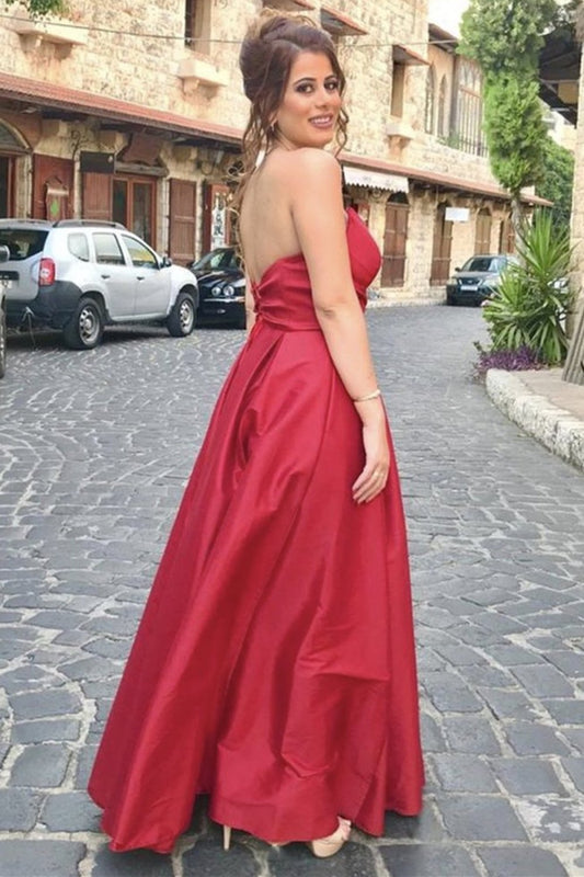 Strapless V Neck Red Satin Long Prom Dress, Simple Backless Evening Gown GP182