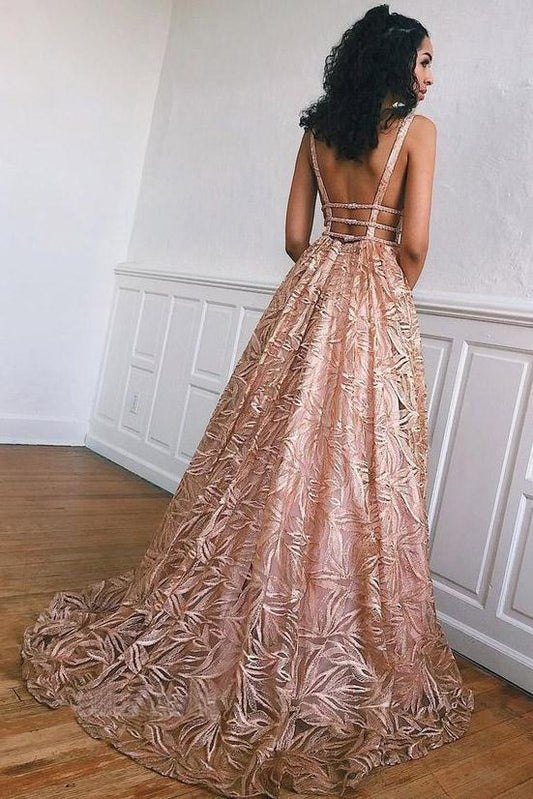 Unique A-line Backless Prom Dress With Beading, Plus Size Long Evening Dress MP734