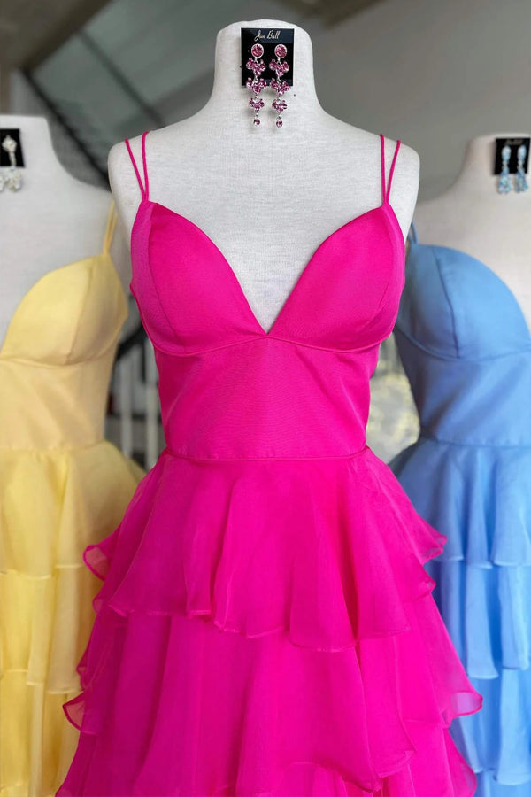 Straps Hot Pink Ruffle Chiffon Prom Dress, Simple V-Neck Formal Gown GP571