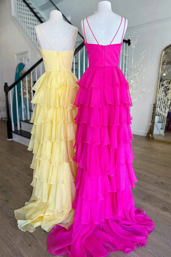 Straps Hot Pink Ruffle Chiffon Prom Dress, Simple V-Neck Formal Gown GP571