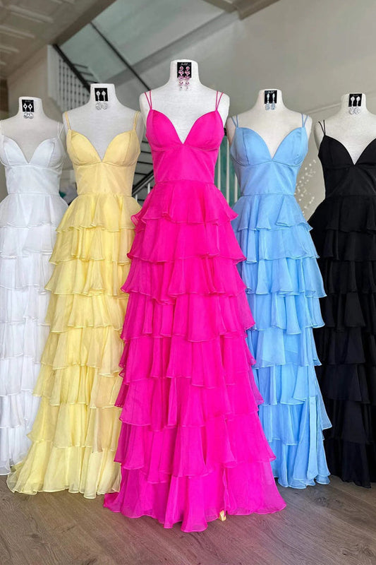 Straps Hot Pink Ruffle Chiffon Prom Dress, Simple V-Neck Formal Gown GP571