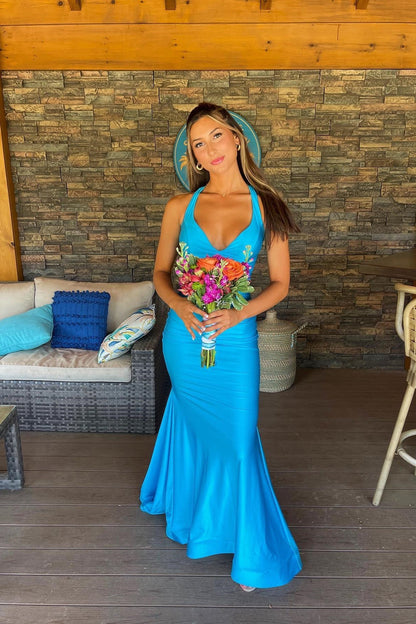 Vestido de graduación de sirena fruncido con espalda abierta y escote en V, vestidos formales largos