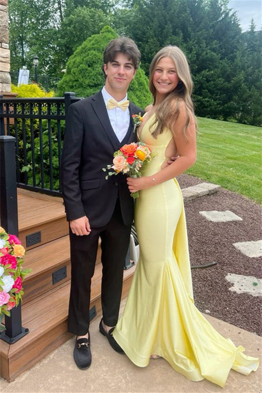 Vestido de gala largo de sirena con espalda abierta amarillo para mujer para fiesta