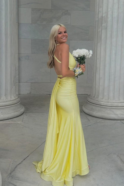 Vestido de gala largo de sirena con espalda abierta amarillo para mujer para fiesta
