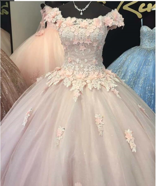 Vestidos largos de quinceañera color champán claro para dulces 16, vestidos de gala con flores