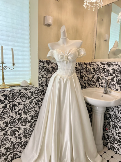 White Classy Ball Gown Off the Shoulder Pearl Satin Long Prom Dress Wedding Dress SH3857