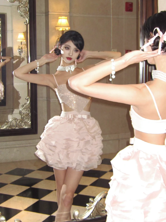 Pink Sequin A Line Spaghetti Strap Layered Organza Short Homecoming Dress Birthday Dress SH3642
